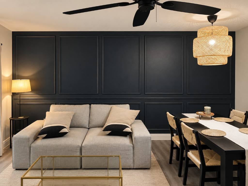 Custom charcoal wall molding in a modern living room