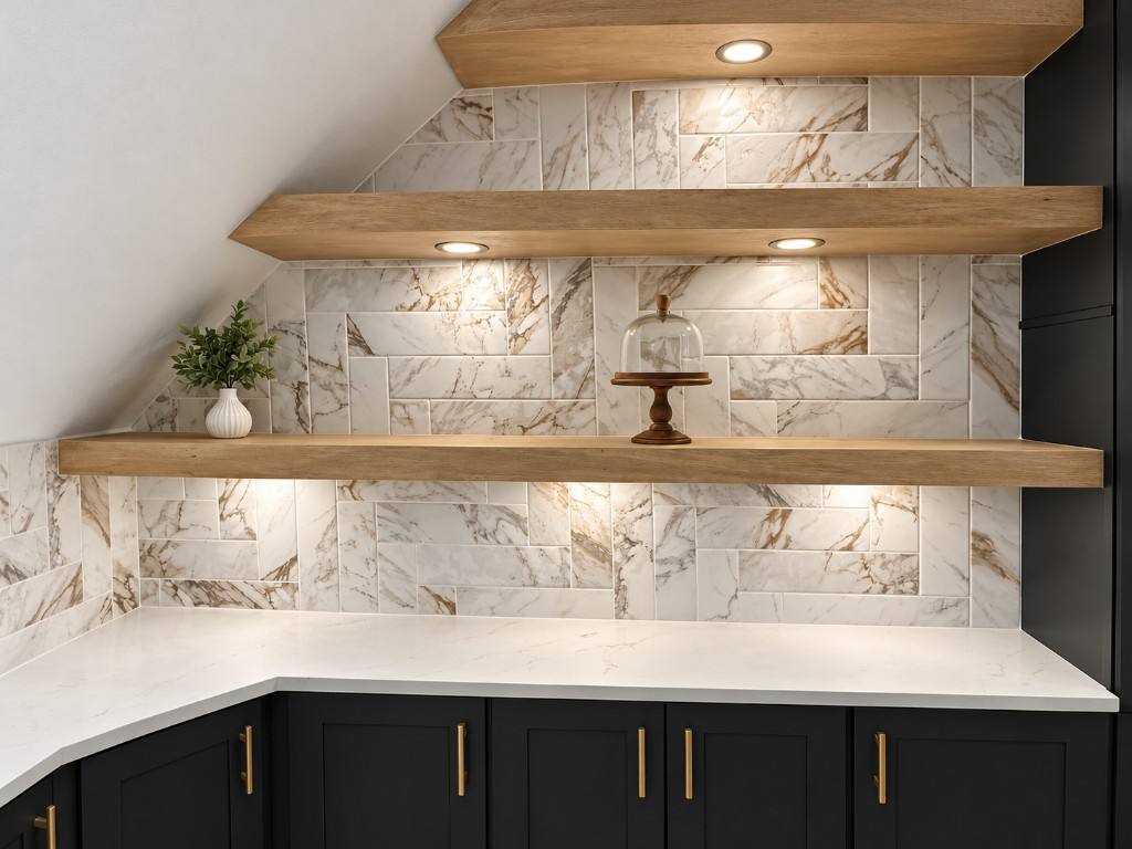 Kitchen remodel with floating shelves and herringbone backsplash