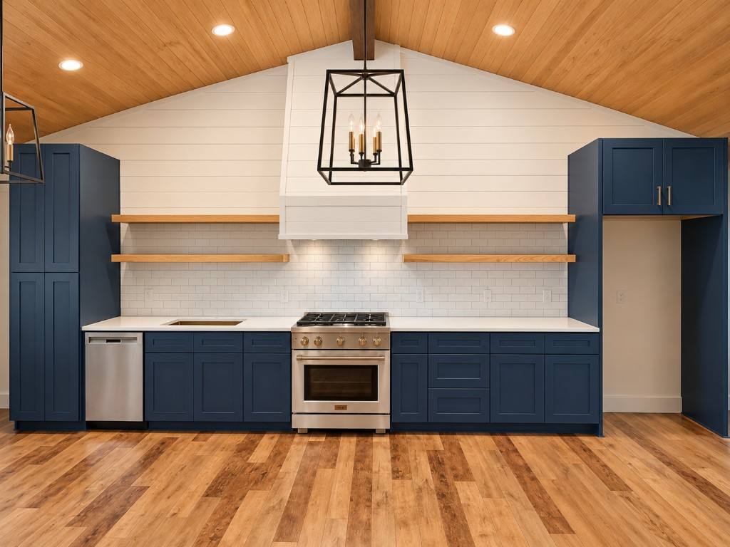 Navy kitchen remodel with wood ceiling and floating shelves