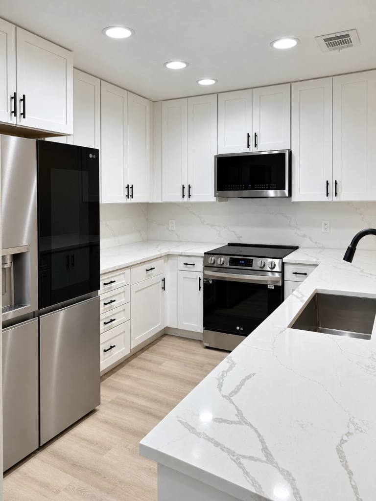 White shaker kitchen remodel with quartz counters